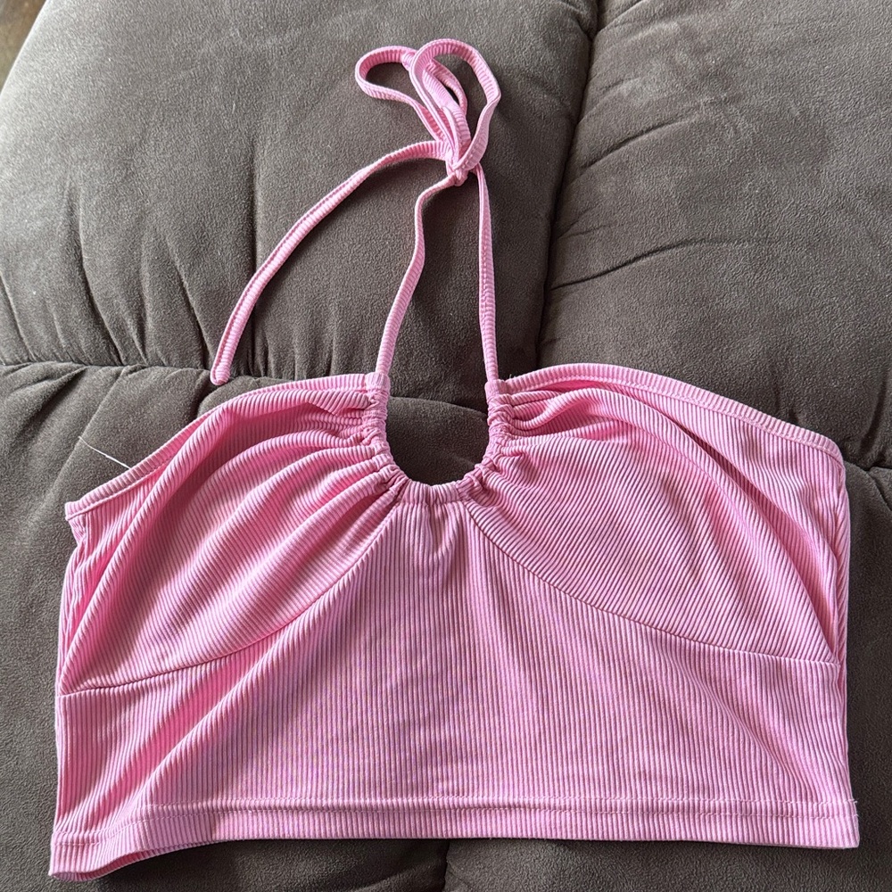 Pink Halter Neck Ribbed Bralette